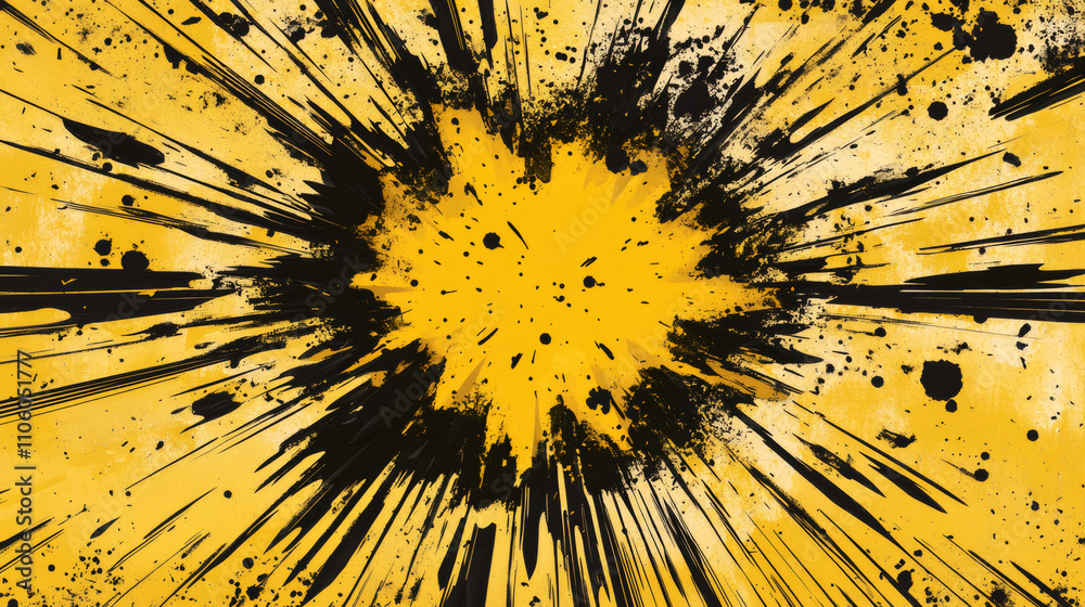 Fototapete Dynamic black splashes exploding on a vibrant yellow backdrop, creating a powerful abstract background