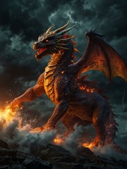 Fiery dragon in a storm, showcasing mythical power.