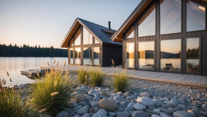 Modern Lakefront Cabins with Glass Facades by Peaceful Water