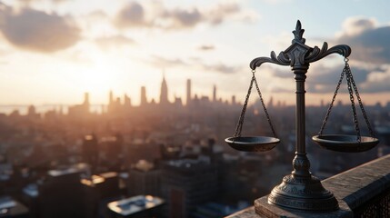 Urban justice scale overlooking nyc skyline at sunrise symbolizing law and order