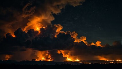 Obraz premium Fiery flames against a dark sky at night.