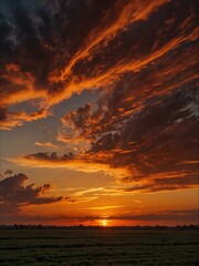 Obraz premium Fiery orange sunset with vibrant sky, creating a mesmerizing atmosphere.