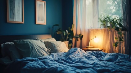 A cozy blue bedroom with layered textiles and comfortable furnishings, inviting relaxation