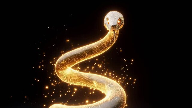 A golden snake wrapping around a glowing orb amidst a chaotic explosion of stars and galactic dust. The snake&rsquo;s sleek and elegant on black background