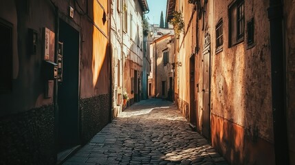 Fototapeta premium Narrow, Mysterious Alley in an Old Town Illuminated by a Single Streetlight at Dusk, Inviting Curiosity and Exploration in a Serene Urban Setting