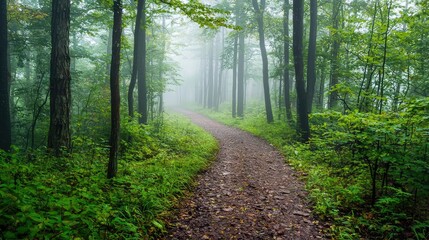 Fototapeta premium Mysterious Forest Path Shrouded in Thick Fog, Creating an Eerie Atmosphere Perfect for Nature Lovers and Adventure Seekers in a Dark, Enigmatic Setting