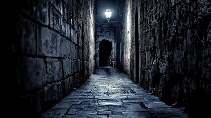 A Dark and Haunting Alleyway Illuminated by a Single Flickering Street Lamp, Evoking a Sense of Mystery and Intrigue in a Serene Urban Setting
