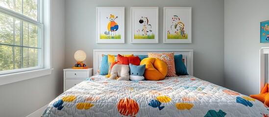 A bedroom with a white bed, a colorful quilt, pillows and three framed art pieces with animal illustrations above the headboard. The bed is next to a window and a nightstand with a lamp.