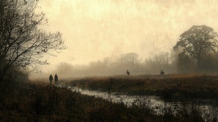 Fototapeta premium Mysterious Dark Misty Moor with Shadowy Figures at Dusk, Enigmatic Landscape with Ethereal Atmosphere and Eerie Silhouettes in the Distance