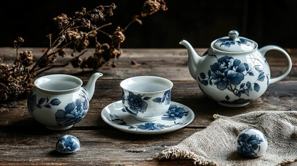 Fototapeta premium Elegant Porcelain Tea Set with Intricate Floral Design, Featuring a Teapot, Teacup, and Saucer, Perfect for Tea Lovers and Collectors, Captured in Natural Light