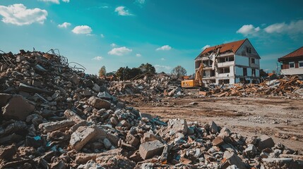 Demolition Site with Rubble and Half-Destroyed Building Under Clear Blue Sky and Sunshine Overviewing Construction Process and Urban Change