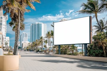 Fototapeta premium Blank billboard with a white screen on a modern boardwalk surrounded by palm trees and a vibrant city beach.