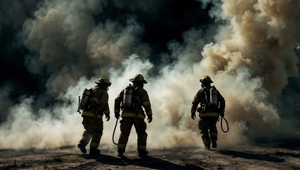 Firefighters emerging from smoke, showing teamwork in emergencies.