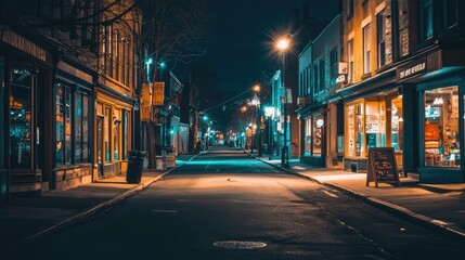 Fototapeta premium Desolate Urban Street Scene at Night with Empty Storefronts and Minimal Traffic in a Quiet City Setting