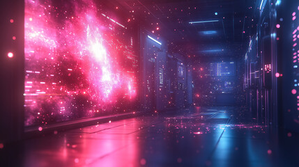 Exploring a futuristic corridor filled with vibrant cosmic energy and advanced technology in a virtual environment. Generative AI