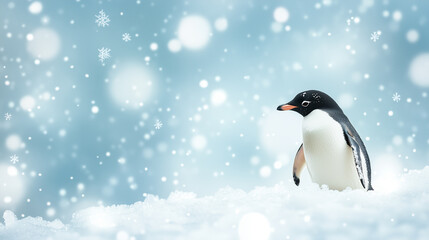 Obraz premium Penguin on Ice with Snowflakes in Winter Scene