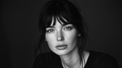 Fototapeta premium A dramatic black-and-white portrait of a woman looking directly at the camera, emphasizing her intensity