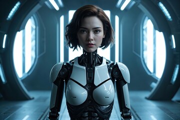 Naklejka premium Robotic Female Character in a Visually Striking Dystopian Scene