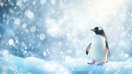 Obraz premium Penguin on Ice with Snowflakes in Winter Scene