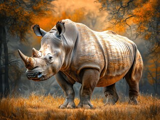 Fototapeta premium Close-up of a rhinoceros in a grassy savanna during a vibrant sunset