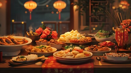 Naklejka premium A beautifully arranged dining table featuring a variety of traditional dishes, vibrant florals, and decorative lanterns that create a festive atmosphere, perfect for cultural celeb