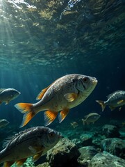 Fototapeta premium Fish in a river, underwater perspective.