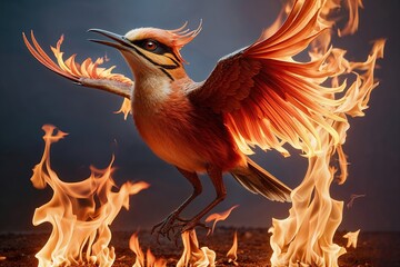 Fototapeta premium Dazzling Fire-Lark Transformation: A Mythical Songbird Emerges from Flames