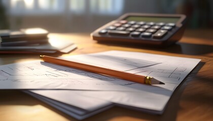 A close-up of a workspace featuring a calculator, paperwork, and a pencil