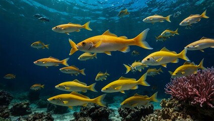 Fototapeta premium Fish swimming vibrantly underwater.