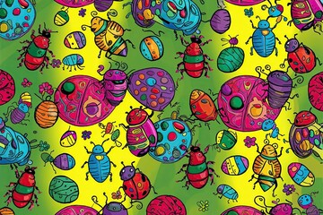 Naklejka premium Cheerful Surreal Background with Playful Cartoon Insects and Whimsical Doodles in Vibrant Colors