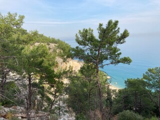 Abandoned scenic old road along the sea and cliffs, view from above from the cliff through the trees