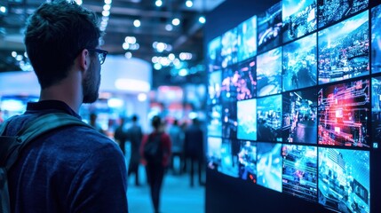 A trade show exhibit highlights the latest innovations in technology, attracting attendees with sleek gadgets and informative presentations