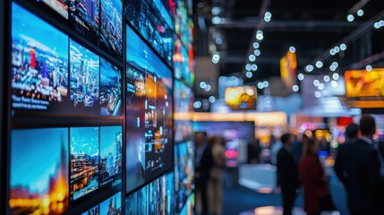 Obraz premium A trade show exhibit highlights the latest innovations in technology, attracting attendees with sleek gadgets and informative presentations