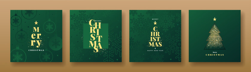 Merry Christmas and Happy New Year greeting card or banner. Set of Luxury Xmas design with gold typography, balls, snowflakes, Christmas tree and gliter on green background