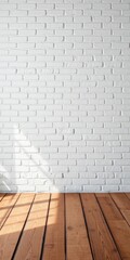 Fototapeta premium White bricks wall with a rustic wooden floor, interior design, home decor