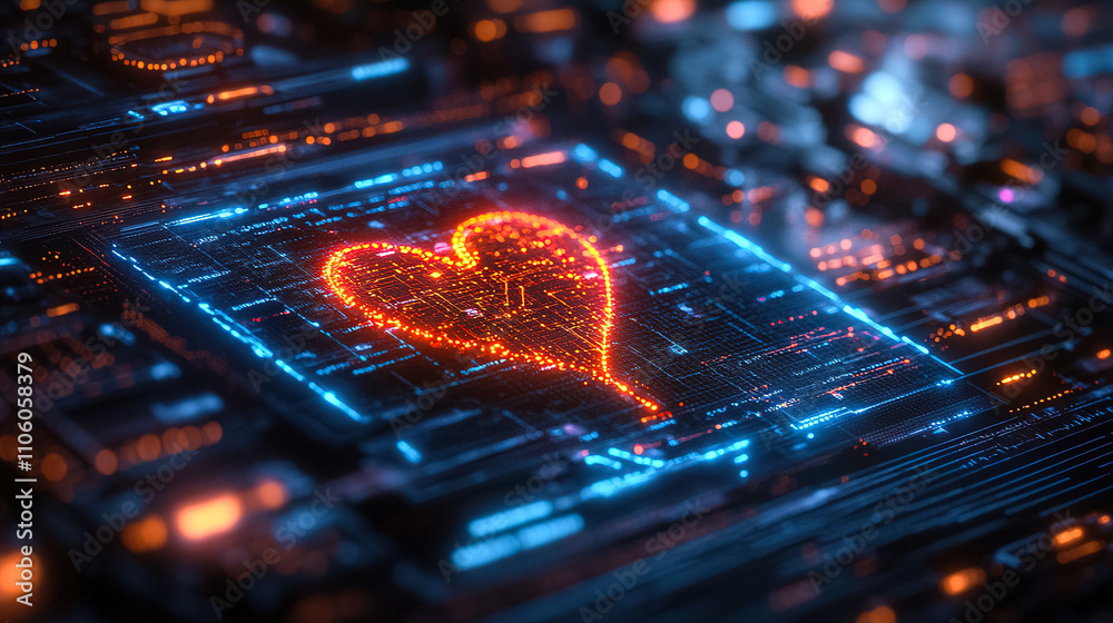 Fototapete digital heart outline glows on microchip circuit at night showcasing technology and romance. generat