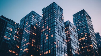 Obraz premium Modern Architectural Design of Tall Residential Buildings at Dusk with Illuminated Windows Showcasing Contemporary Urban Living Aesthetic and Sleek Glass Facades