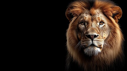 A majestic lion's face against a black background, showcasing its power and beauty.