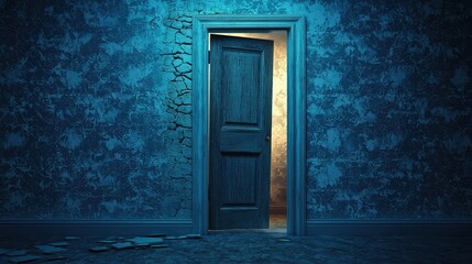 Mysterious Glow Emanating from a Partially Open Door in an Old Mansion, Featuring Cracked Walls and a Faint Light in a Hidden Room