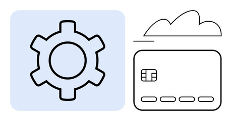 Gear icon inside blue square next to outline of credit card and cloud. Ideal for fintech, online banking, cloud services, digital security, payment solutions, automation, data integration. Line