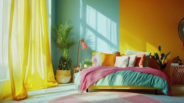 A dynamic image of a bedroom with colorful and eclectic furniture, reflecting a fun and youthful vibe