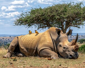 Fototapeta premium Rhinoceros resting in shade under tree on hot day in habitat with dry earth and sparse vegetation