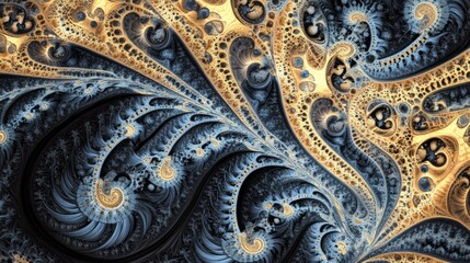 Intricate fractal design featuring swirling patterns in gold and blue hues.