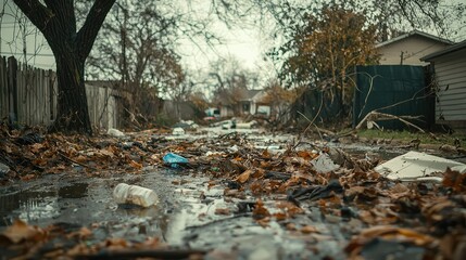 Flood Debris Covering Ground with Leaves and Trash in a Residential Area After Heavy Rainfall, Capturing Environmental Impact and Cleanup Challenges