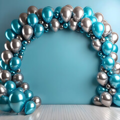 Blue and silver balloons frame on a blue wall.