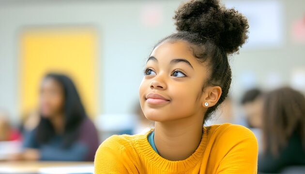 A young girl with a thoughtful expression sits in a classroom, wearing a bright yellow sweater. Her curiosity and engagement reflect the joy of learning and personal growth.