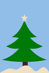 Woods, pine tree, fir, Christmas tree with star on top. Colorful, flat vector illustration on blue background. Horizontal layout perfect for social media, card, banner or article.