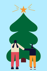 Two children, kids, girls, holding hands, standing in front of a Christmas tree. On top of the pine there is a yellow star. Vertical layout, character design. Perfect for social media, card or article