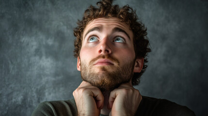 Pensive young man with curly hair looking up and holding his neck, deep in thought