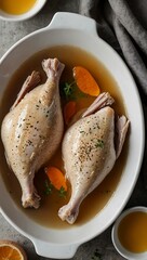 Flat lay of chicken broth with whole chicken in a white bowl.